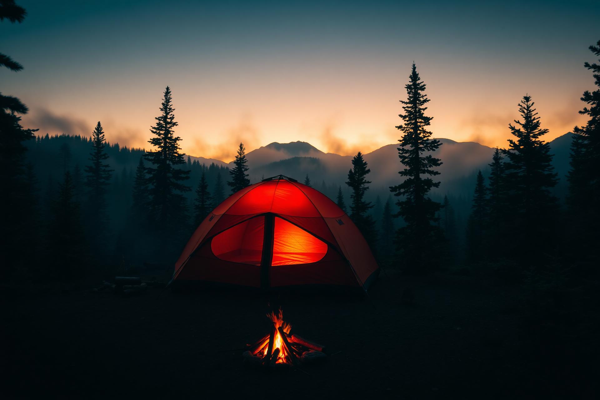 Tenda menyala di hutan pinus saat senja